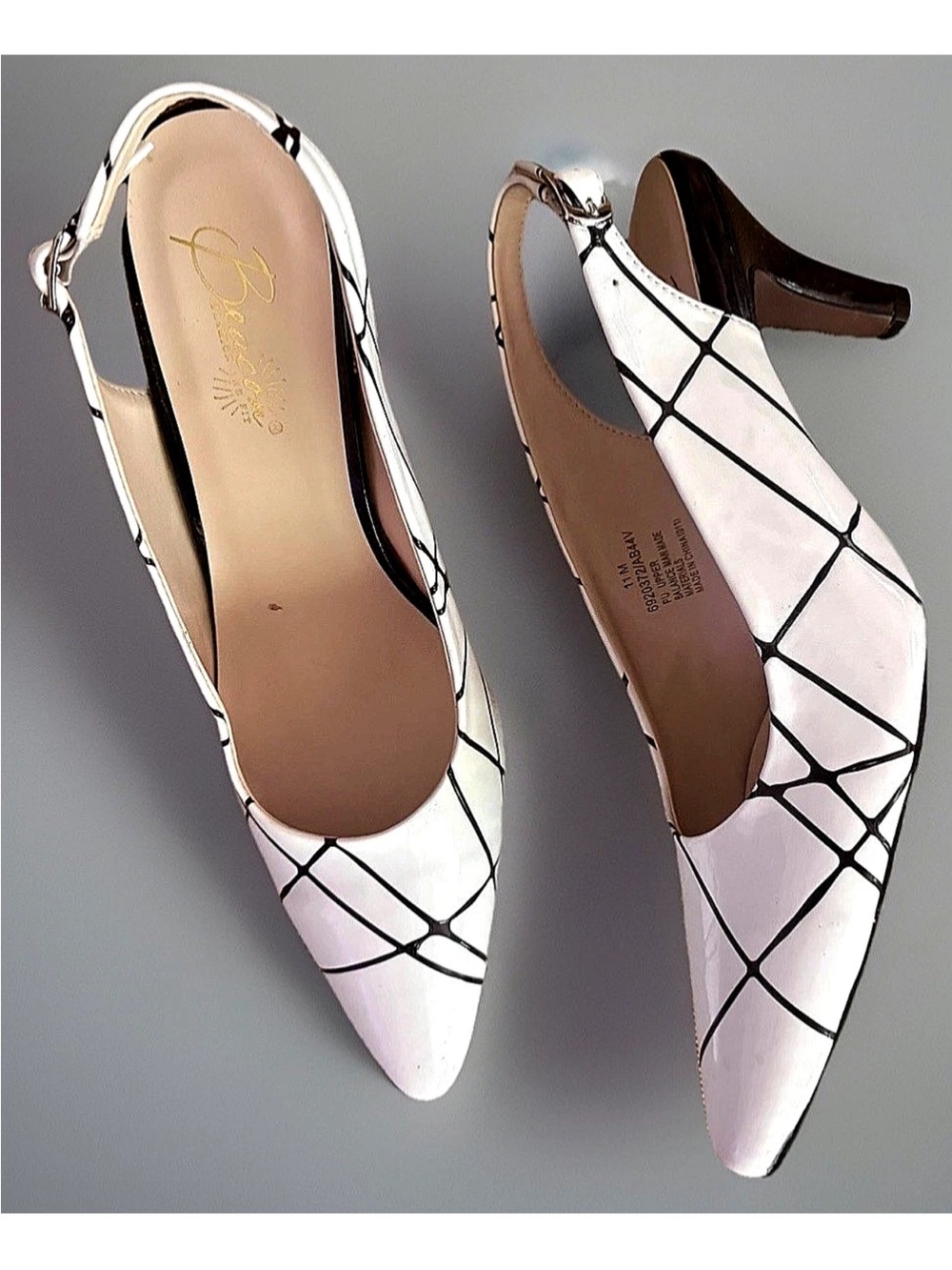 🎬BEACON🎬 PATENT LEATHER GEO PRINT POINTED 3” HEEL SLINGBACK PUMPS